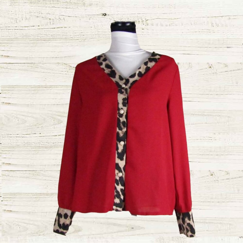 Unbranded womens XL  top red with brown leopard accents long sleeves